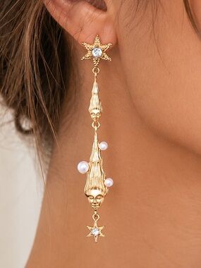 Celestial Goddess Face Pearl Starfish Drop Earrings